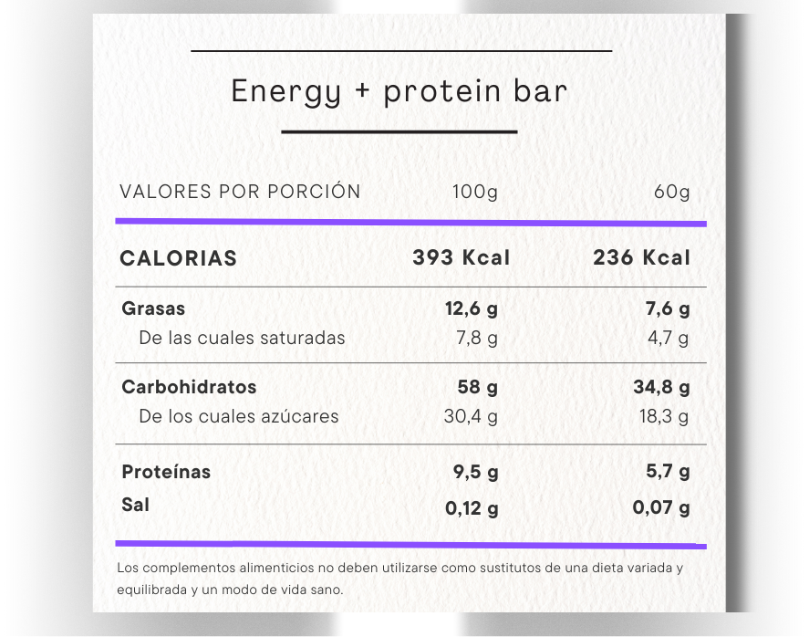 energy + protein bar info nutricional